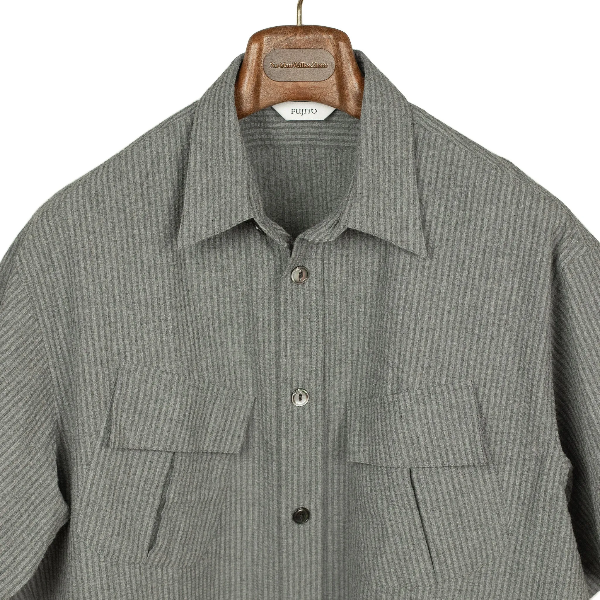 Short sleeve fatigue shirt in charcoal and grey stripe cotton seersucker