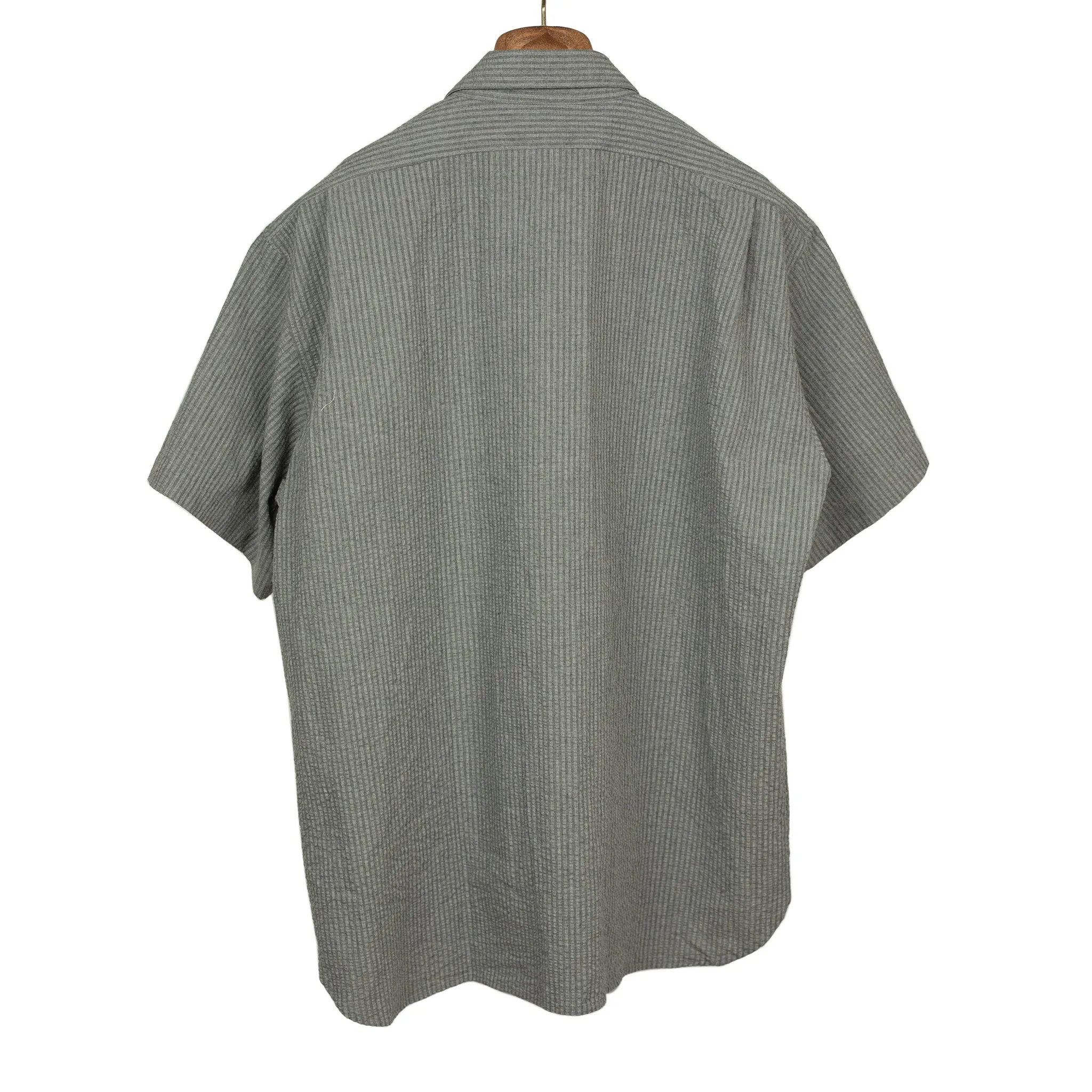 Short sleeve fatigue shirt in charcoal and grey stripe cotton seersucker