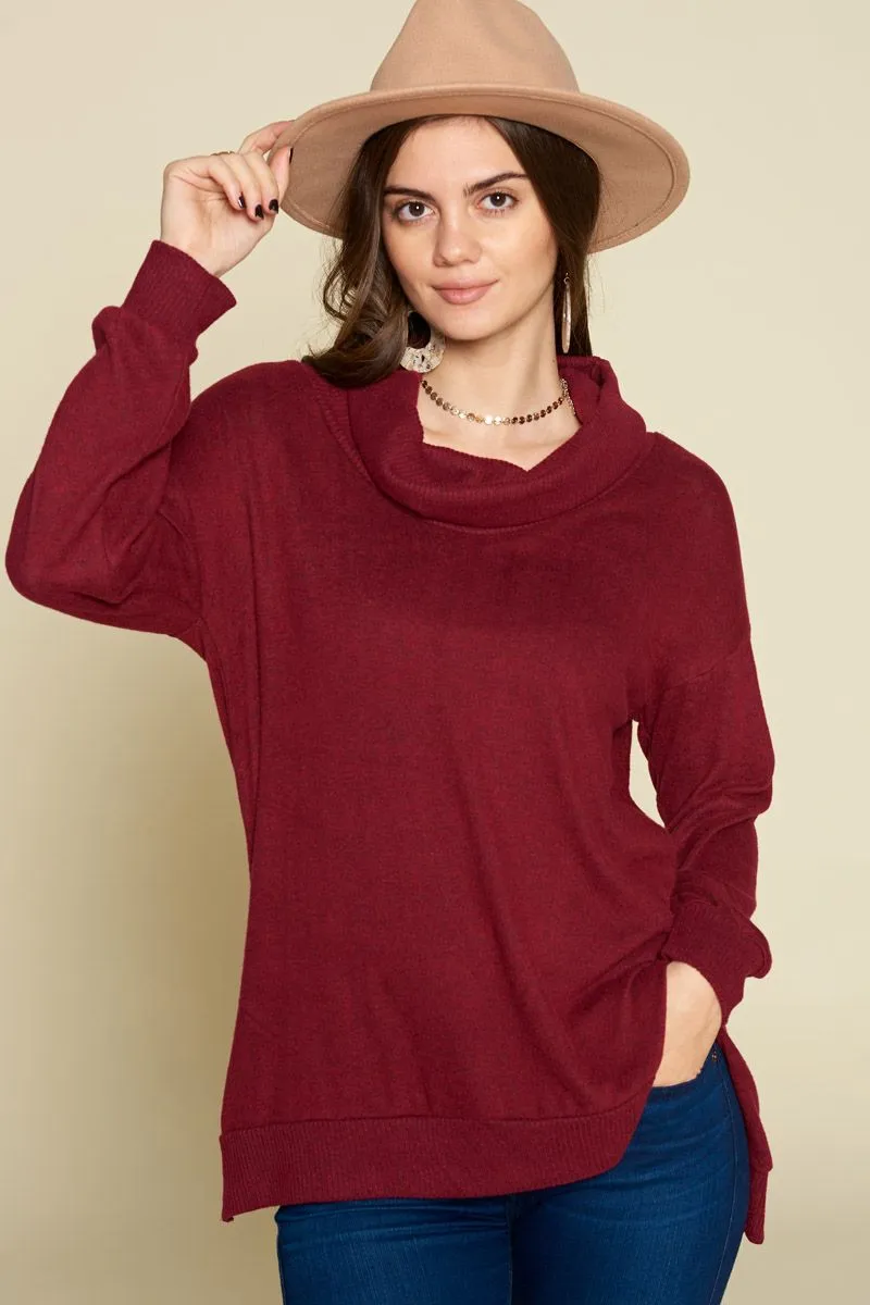 Soft & Cozy Hacci Cowl Neck Pullover - WINE