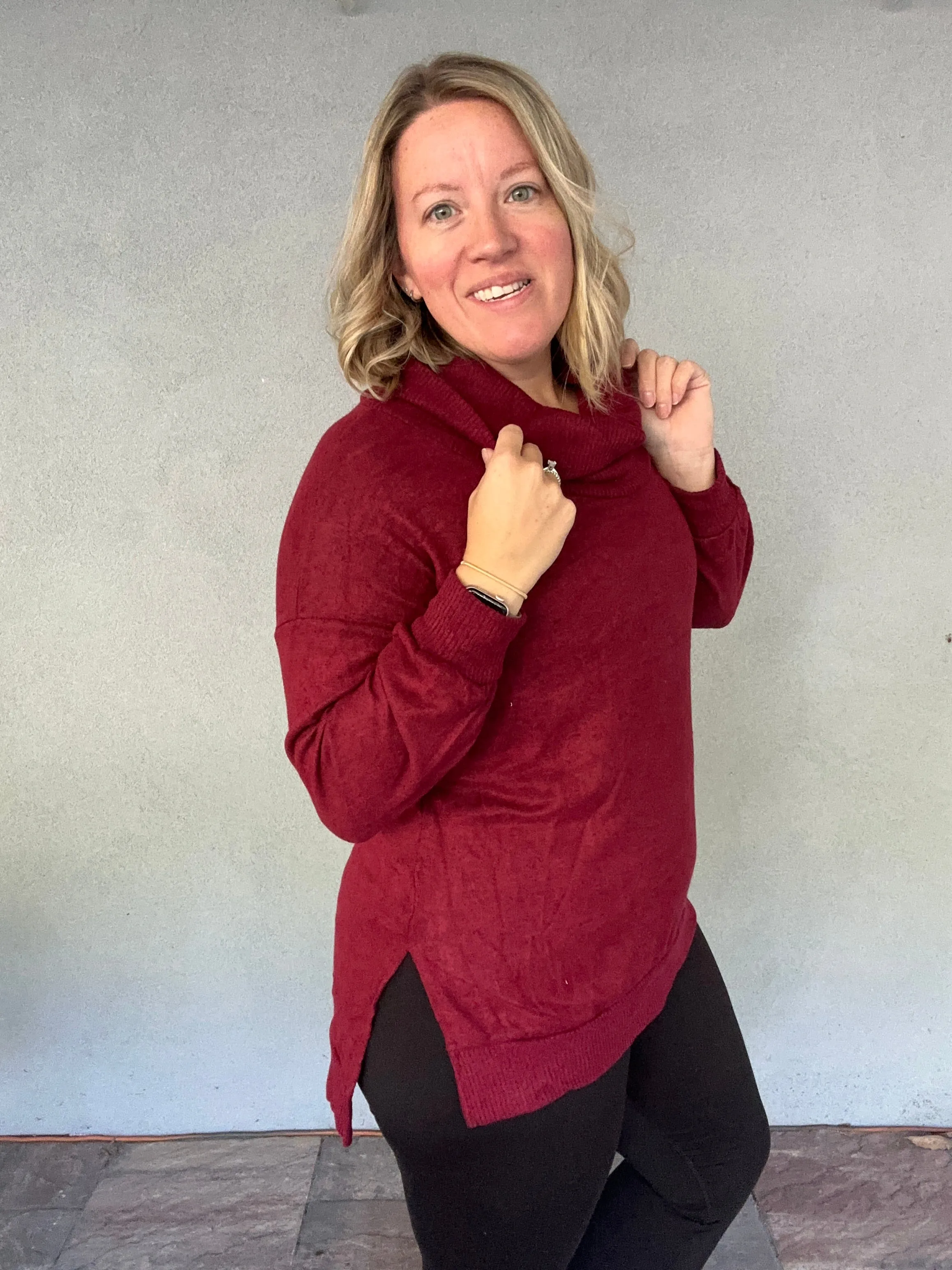 Soft & Cozy Hacci Cowl Neck Pullover - WINE