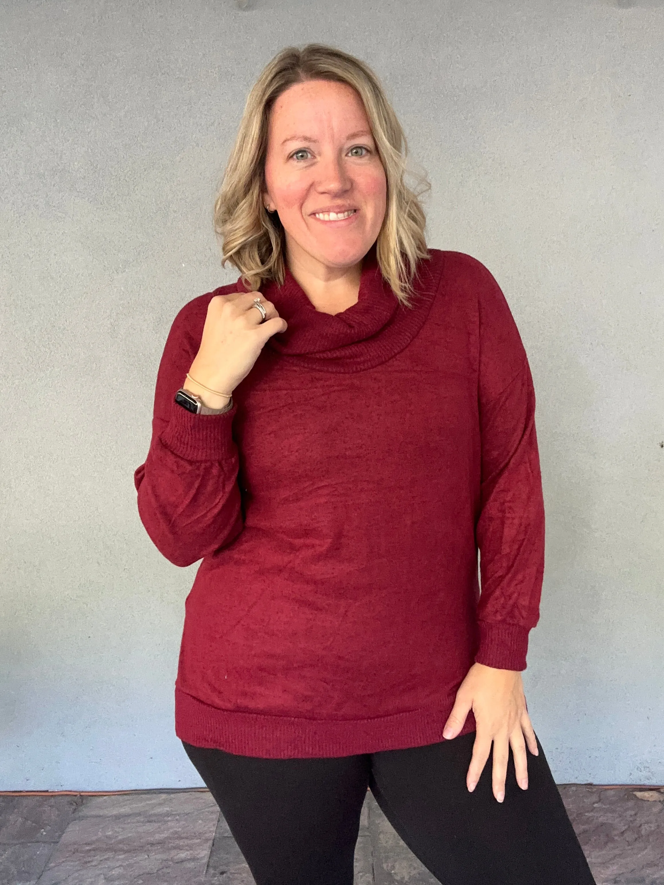 Soft & Cozy Hacci Cowl Neck Pullover - WINE