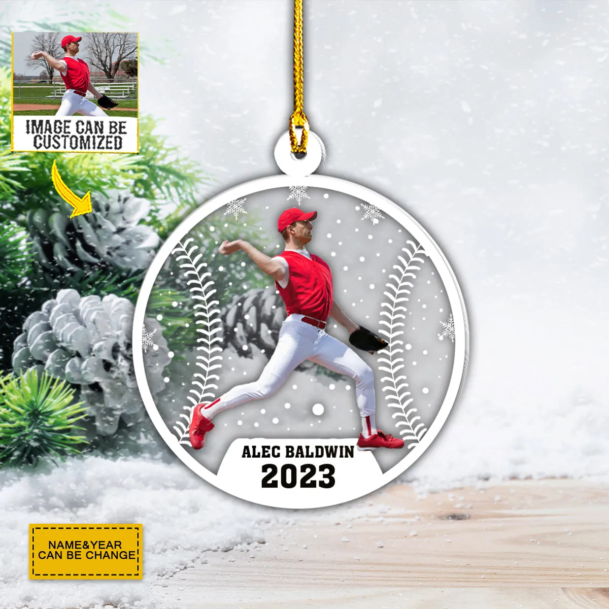 Teesdily | Baseball Player Personalized Car Hanging Ornament With Picture Softball Christmas Snowflake Rear View Mirror Hanging Sport Lover Gifts