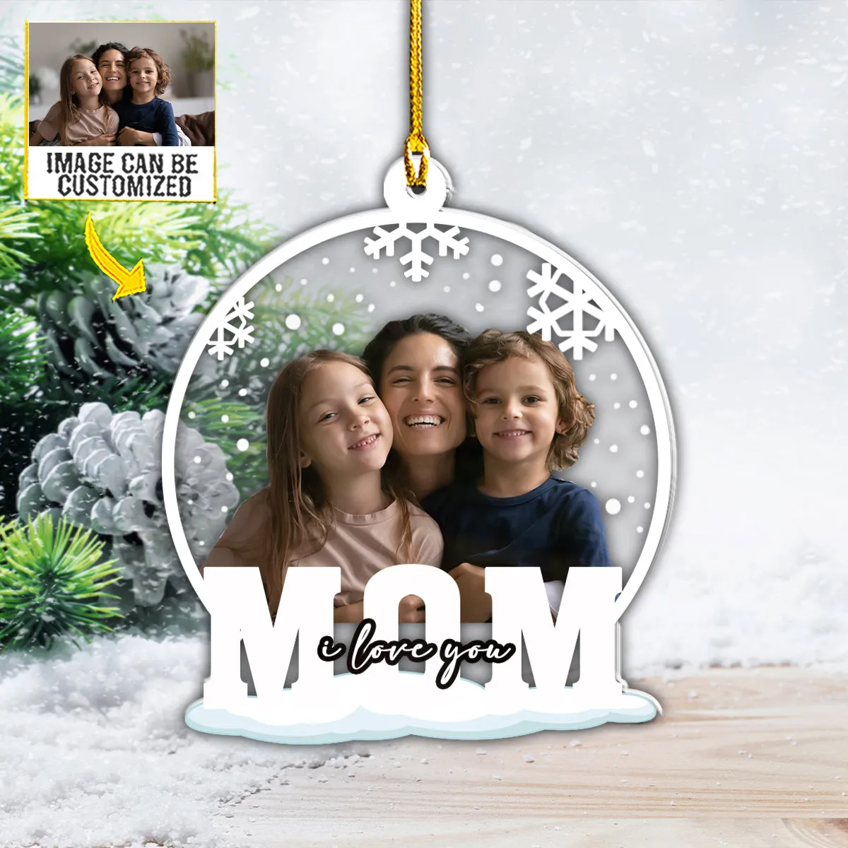 Teesdily | Customized Mom Christmas Car Pendant Hanging Mom I Love You Rearview Mirror Charms Xmas Snowflake Print Christmas Tree Hanging Decoration