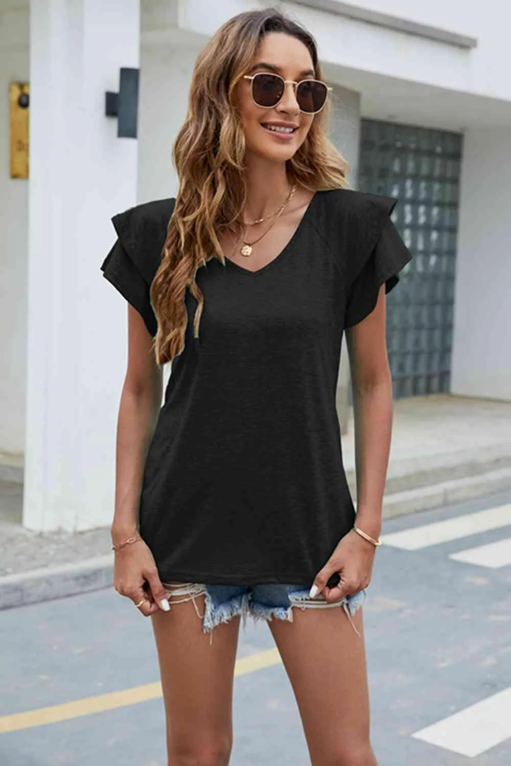 V-Neck Flutter Sleeve T-Shirt