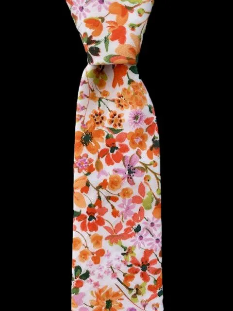 Vibrant Orange Pink and Green Skinny Cotton Necktie