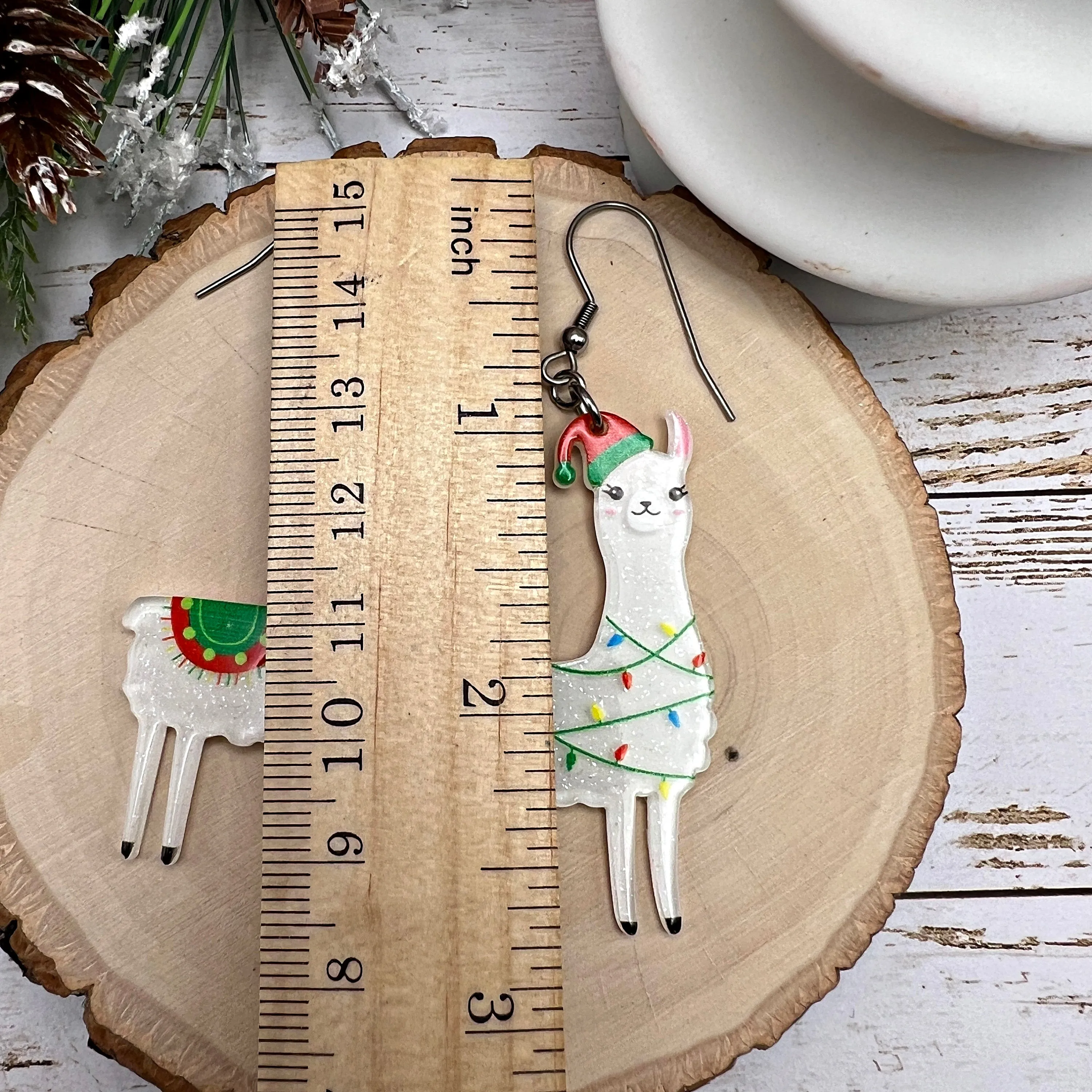 White Glitter Acrylic Llama Alpaca Holiday Lights, Stainless Steel  Earrings, Hypoallergenic Mexican Christmas Gift