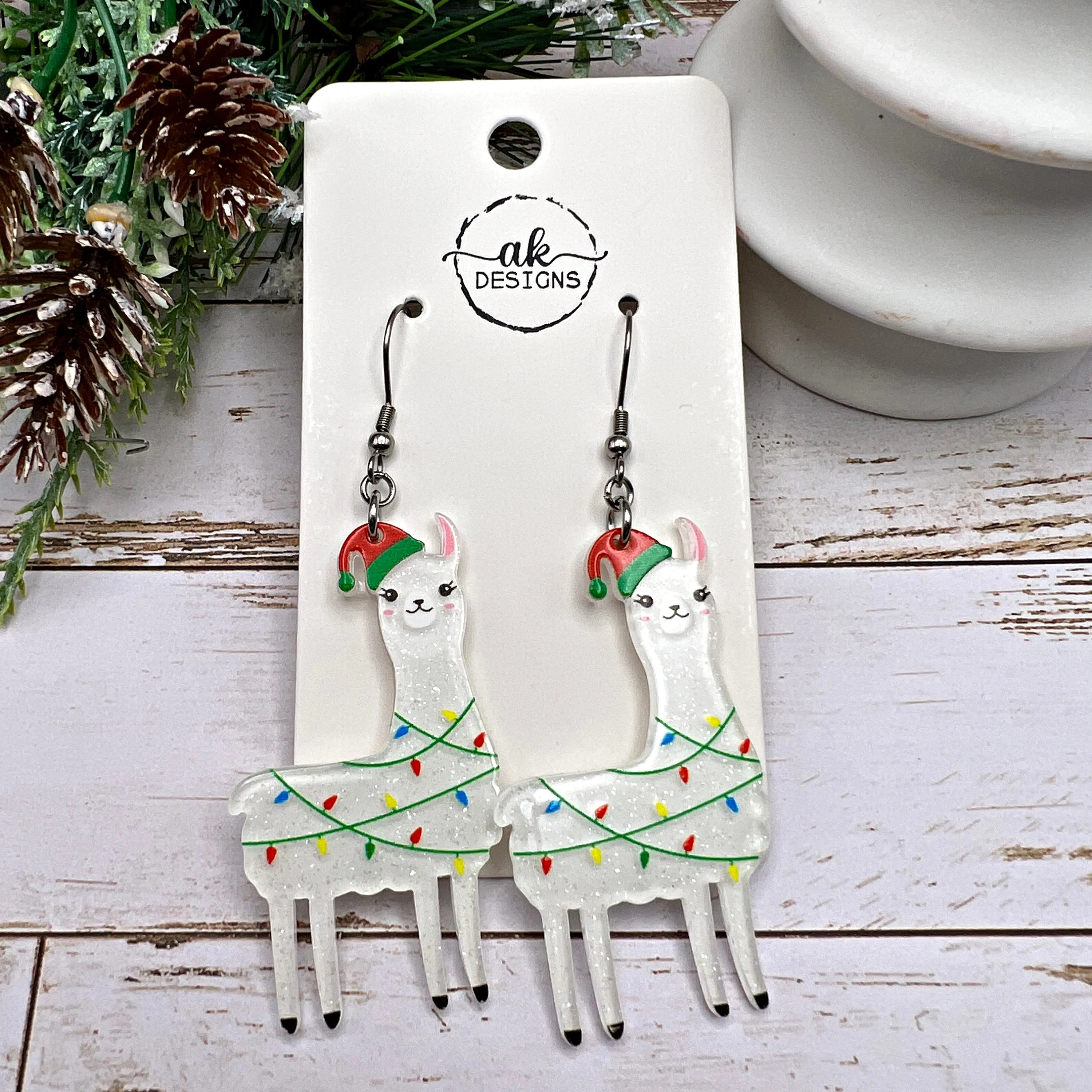 White Glitter Acrylic Llama Alpaca Holiday Lights, Stainless Steel  Earrings, Hypoallergenic Mexican Christmas Gift