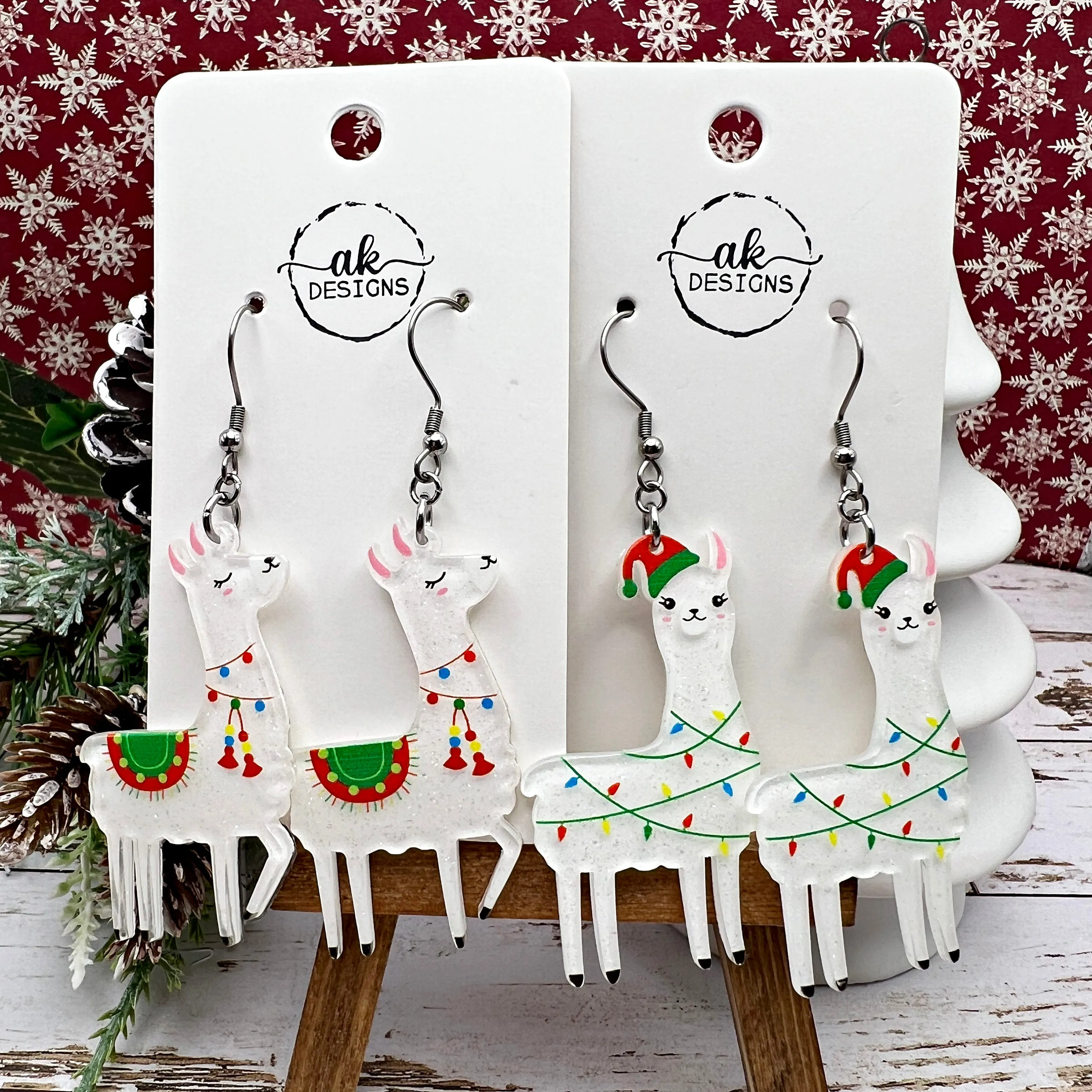 White Glitter Acrylic Llama Alpaca Holiday Lights, Stainless Steel  Earrings, Hypoallergenic Mexican Christmas Gift