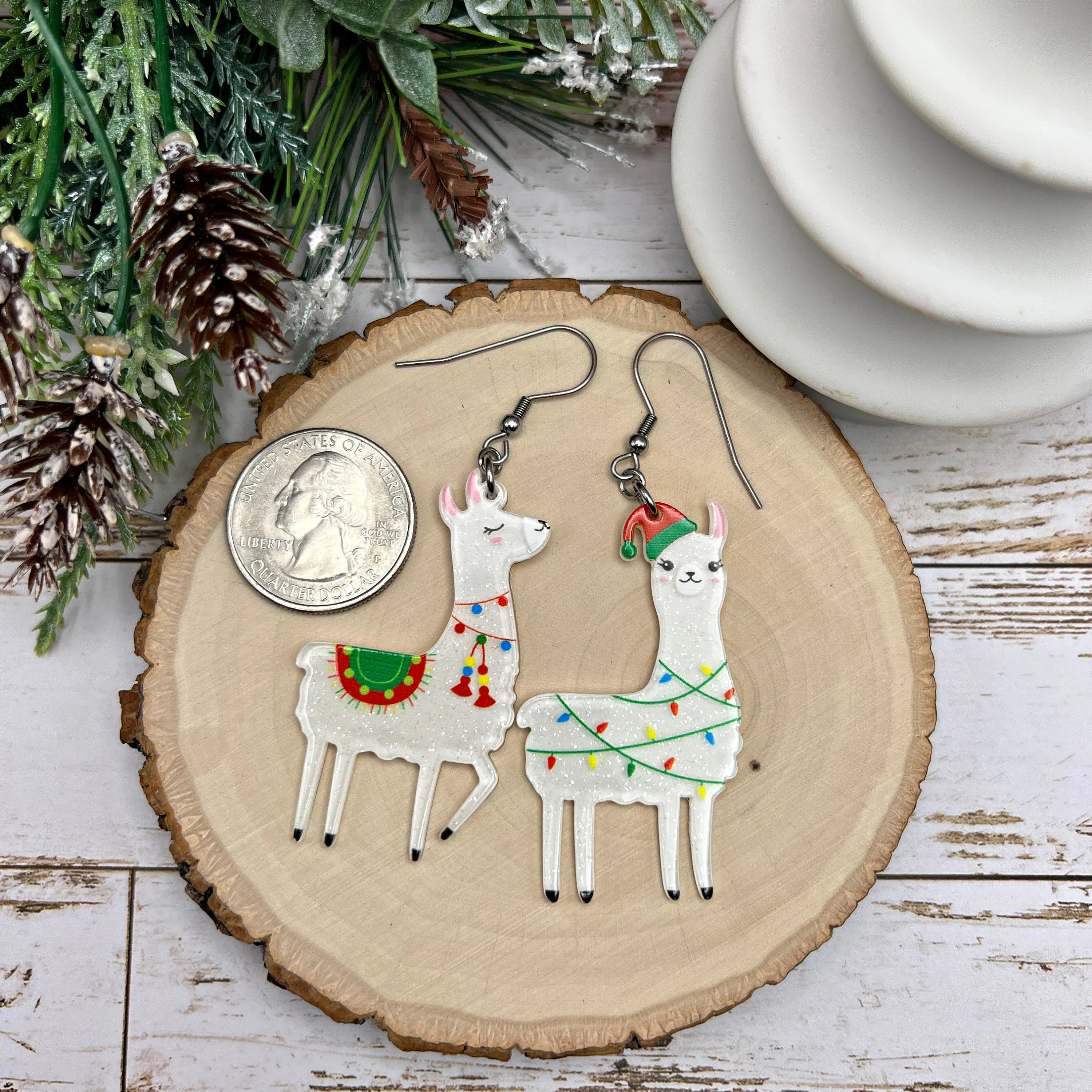 White Glitter Acrylic Llama Alpaca Holiday Lights, Stainless Steel  Earrings, Hypoallergenic Mexican Christmas Gift