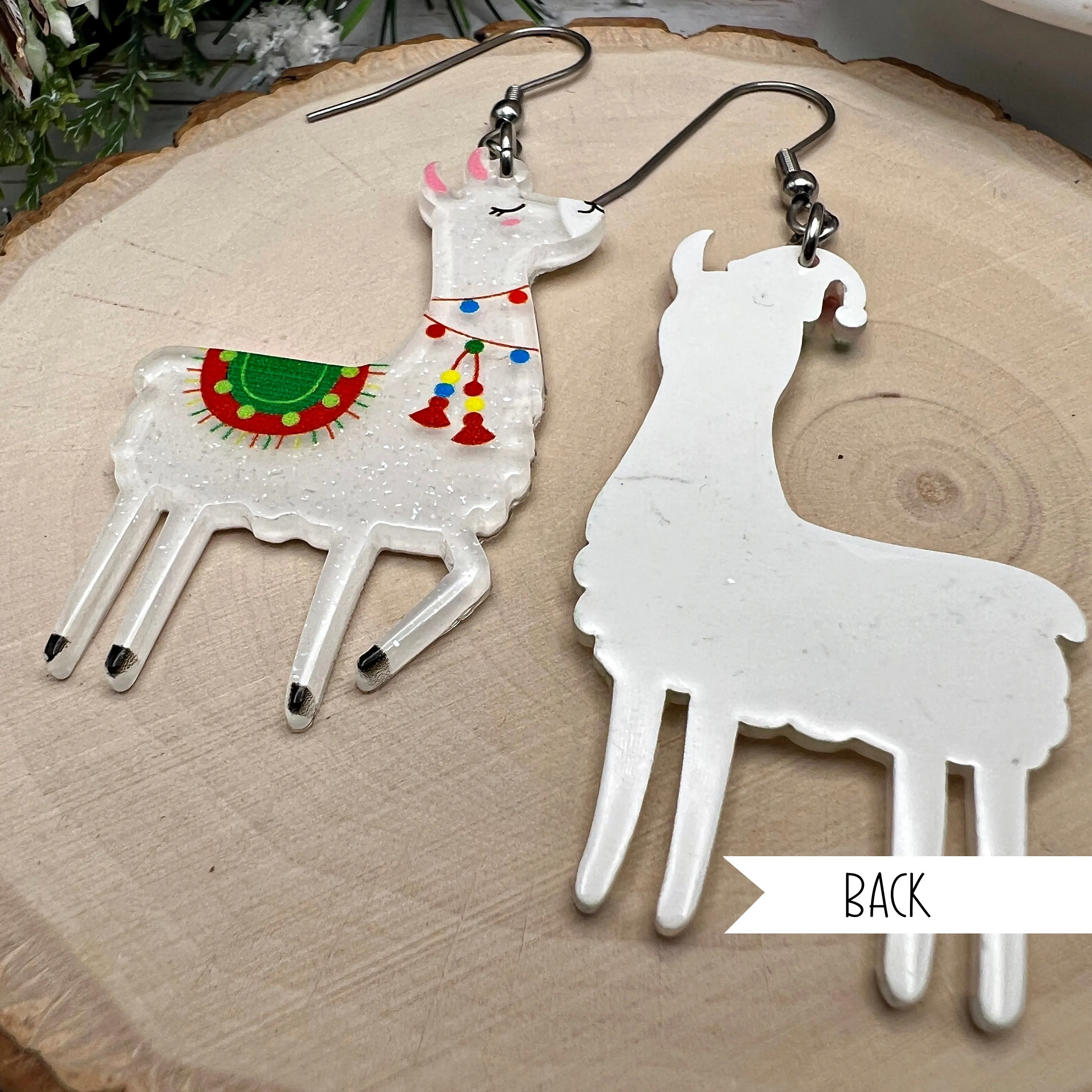 White Glitter Acrylic Llama Alpaca Holiday Lights, Stainless Steel  Earrings, Hypoallergenic Mexican Christmas Gift