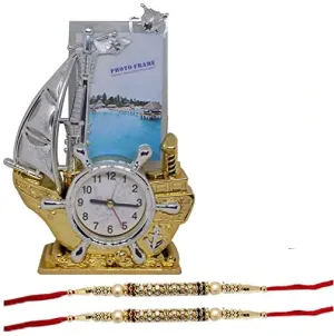 Wizme Ship Shape Stylish Table Clock for Home Decor with Dhaga Rakhi Combo for Brother and Sister