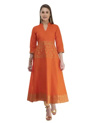 Women Subtle Orange Ajrakh Hand Block Cotton Anarkali With Turquoise Print