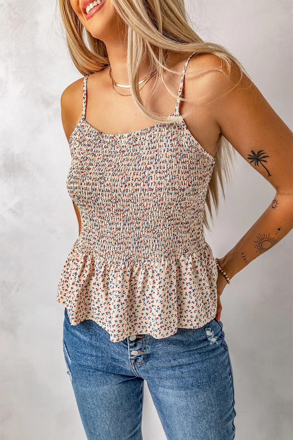 Women's Floral Print Smocked Camisole Flounce Beach Casual Summer Blouse Shirts