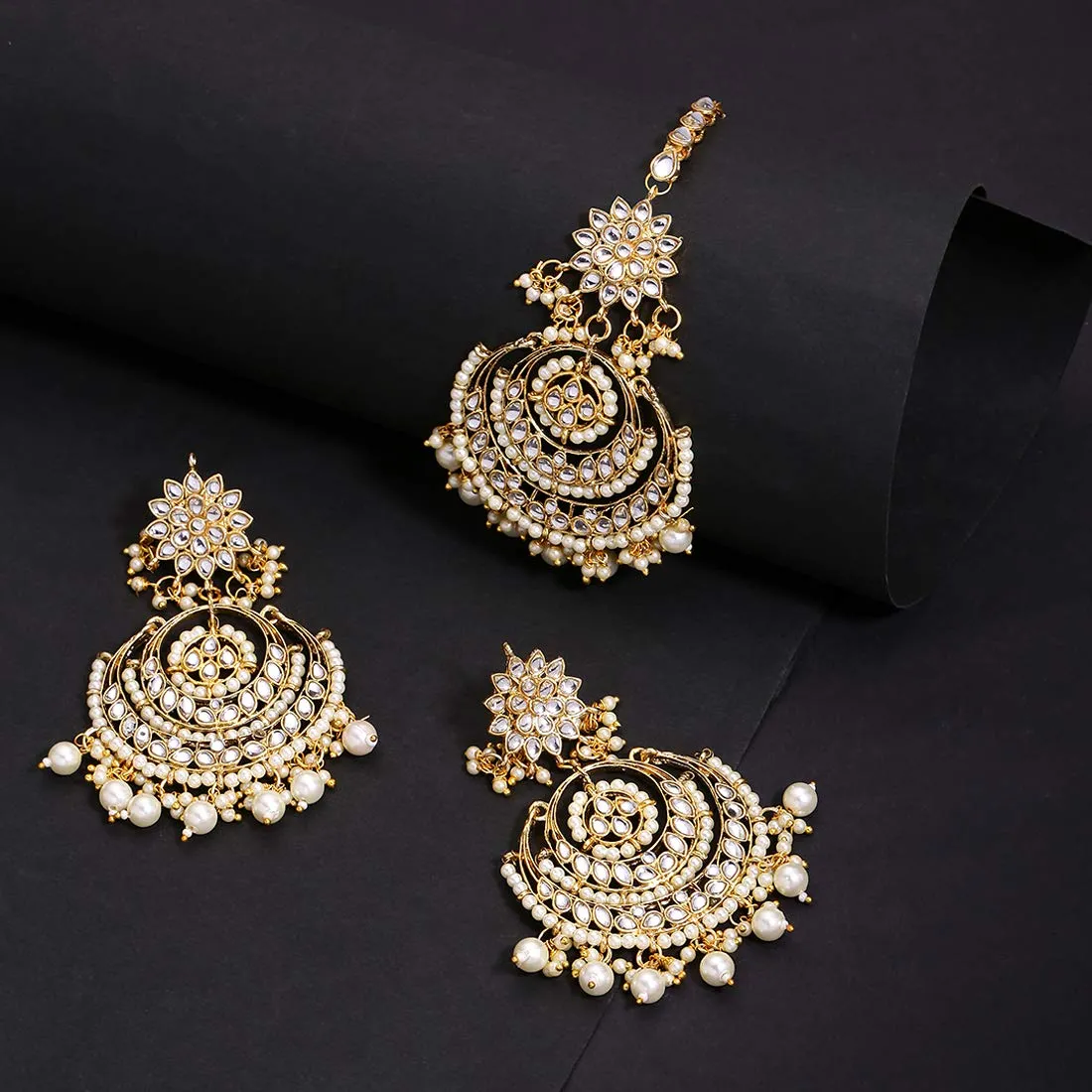 Yellow Chimes Traditional Chandbali Earrings Gold Plated Ethnic Kundan & Pearl Earring & Maangtikka Set for Women & Girls