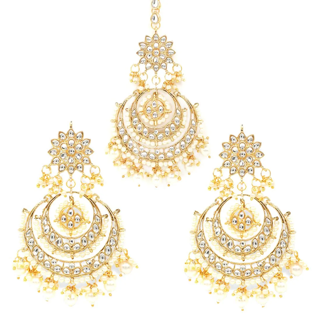 Yellow Chimes Traditional Chandbali Earrings Gold Plated Ethnic Kundan & Pearl Earring & Maangtikka Set for Women & Girls