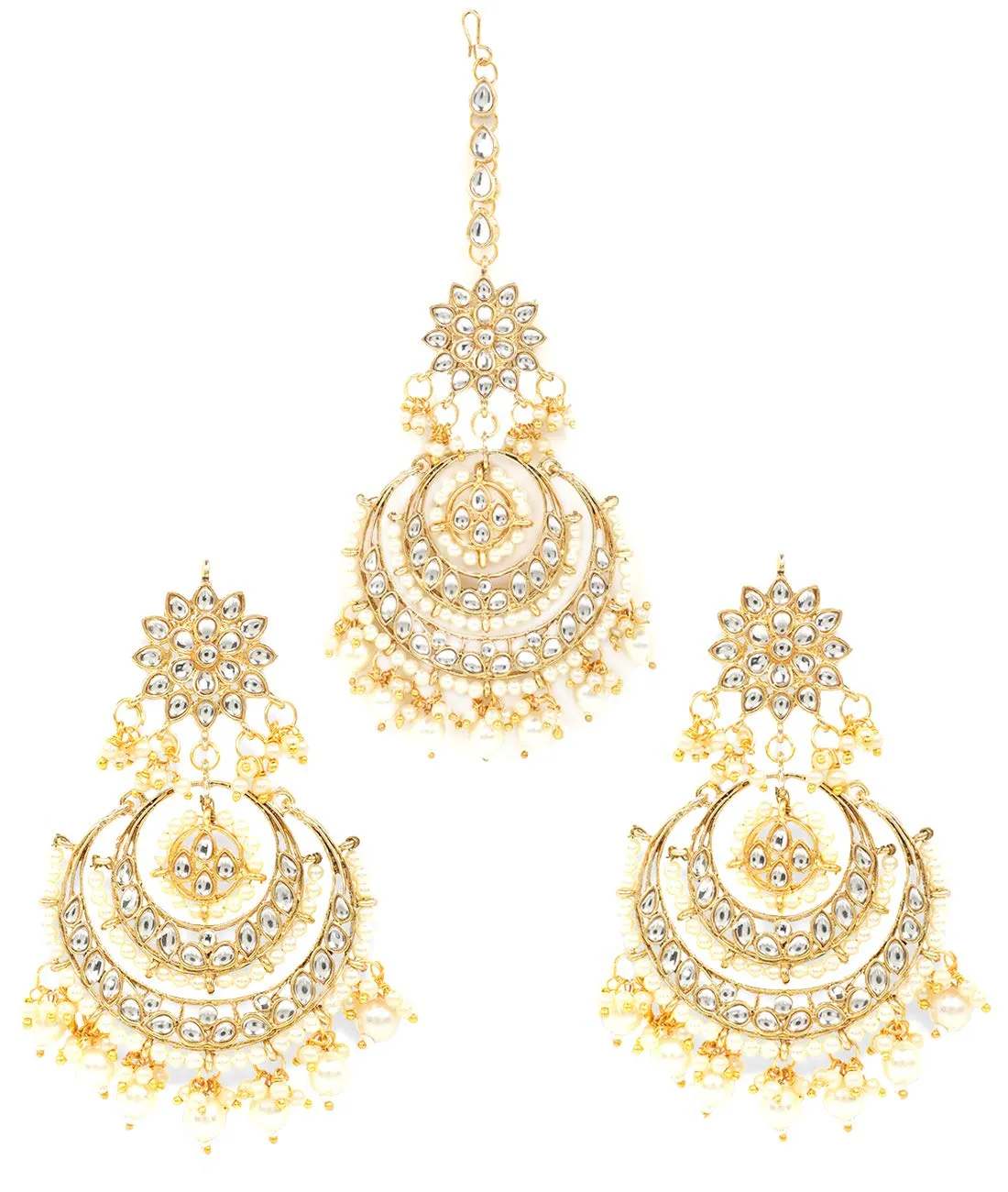 Yellow Chimes Traditional Chandbali Earrings Gold Plated Ethnic Kundan & Pearl Earring & Maangtikka Set for Women & Girls