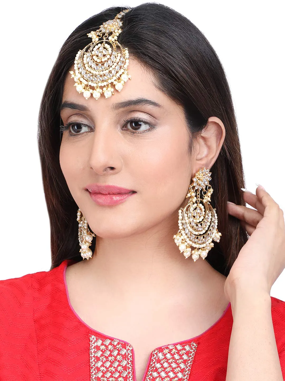 Yellow Chimes Traditional Chandbali Earrings Gold Plated Ethnic Kundan & Pearl Earring & Maangtikka Set for Women & Girls